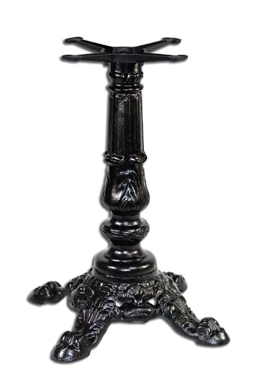 An ornate black table stand on a white background.