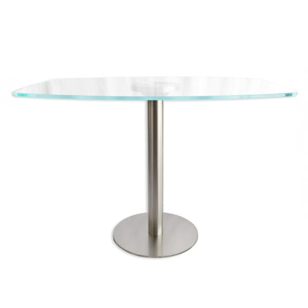 A glass dining table with a metal base.