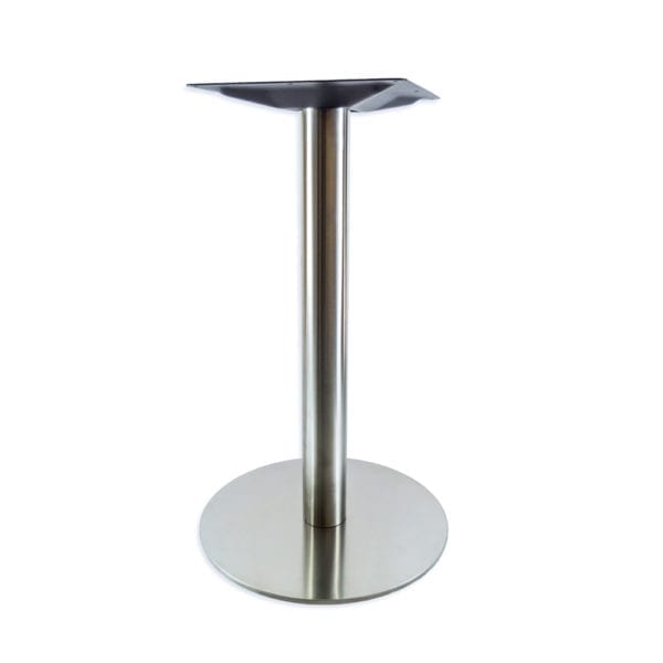 A stainless steel table with a black base.
