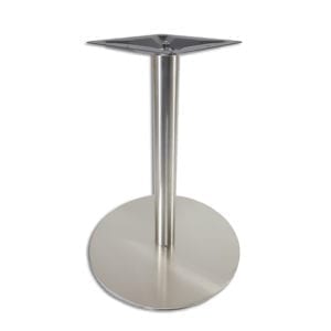 A stainless steel table base on a white background.