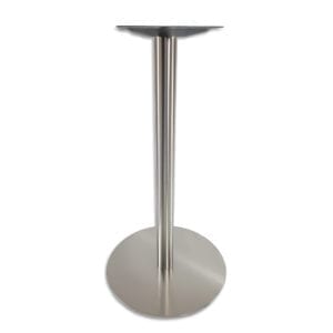 A stainless steel table with a round base.