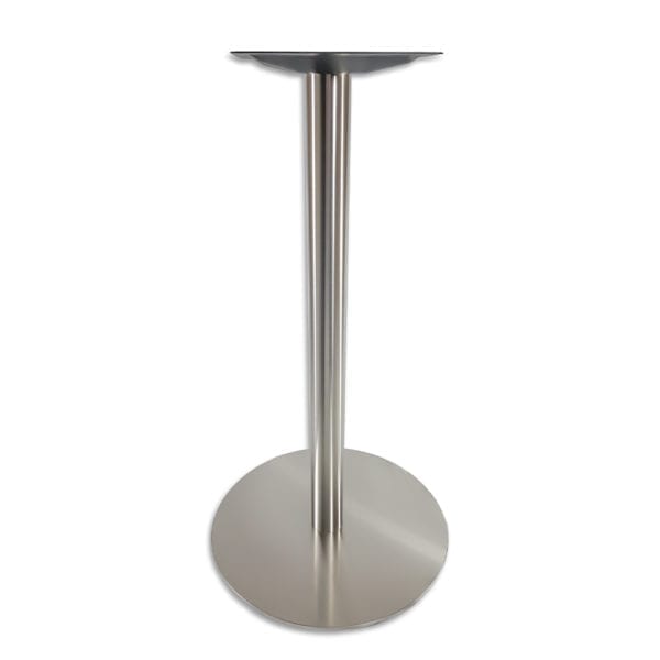 A stainless steel table with a round base.