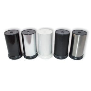 A group of black, white, and stainless steel cylinders.