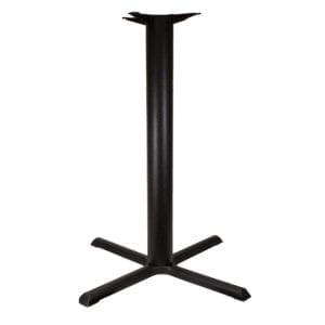 A black metal table with a black base.