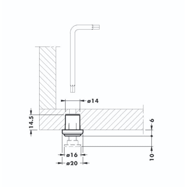 A diagram displaying the dimensions of a concealed leveler sink with a 14mm base panel.