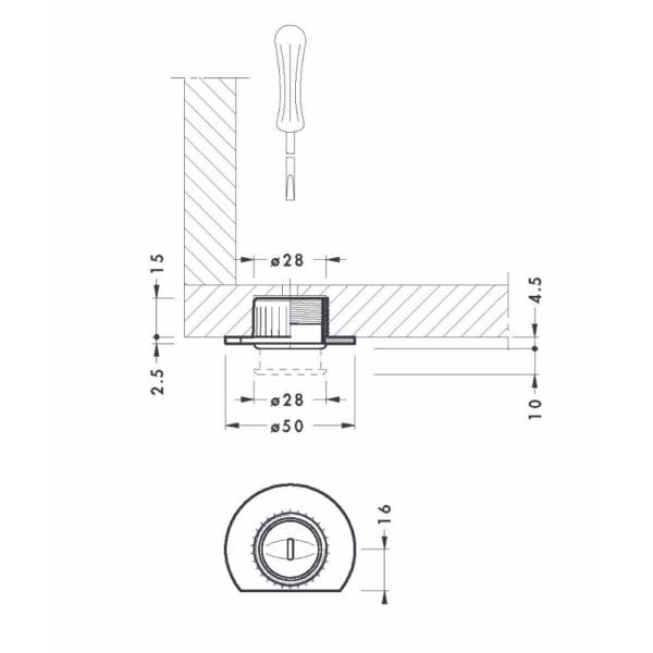 A drawing displaying dimensions of a 28MM BASE CABINET and a CONCEALED LEVELER.