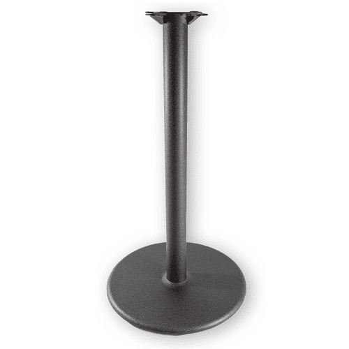 A black metal table stand on a white background.