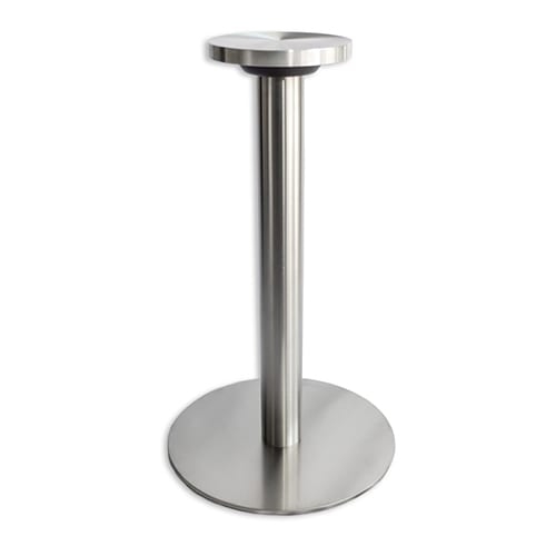 A stainless steel stand with GLASS TABLE TOP ADAPTERS on a white background.