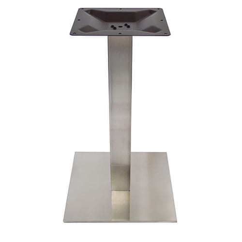 A square stainless steel table with a square base.