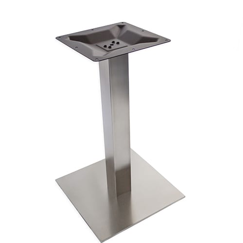 A square stainless steel table stand with a square base.