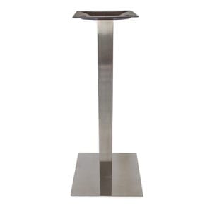 A stainless steel table stand with a square base.