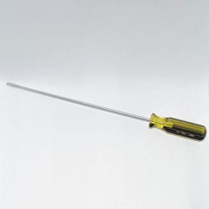 A yellow and black SCREWDRIVER on a white surface.