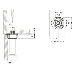 A diagram displaying the dimensions of an 840 ABS SOCKET with a 10MM DOWEL MOUNT and a faucet.