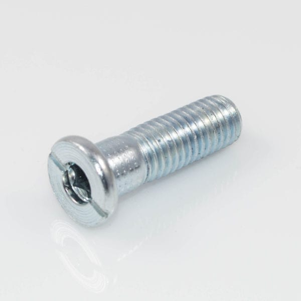 A stainless steel bolt with a hollow design on a white surface.