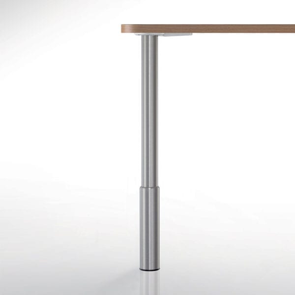 A table with a metal base and a wooden top.