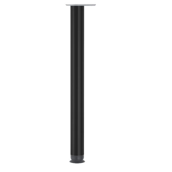 A black pole with a metal base on a white background.