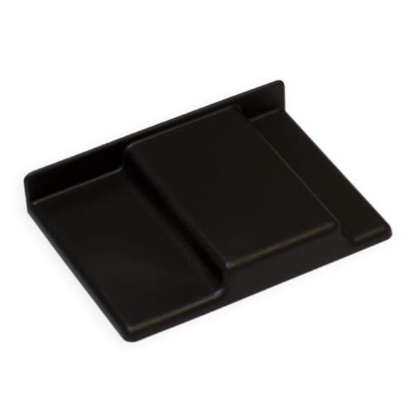 A black plastic tray on a white surface.