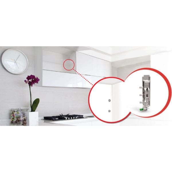 A picture of a white kitchen with a red circle on it.