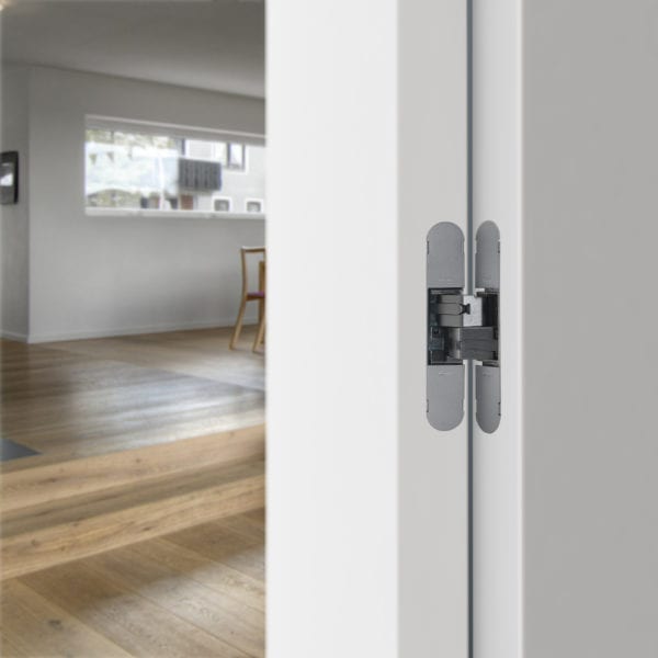 silver 3d hinge mounted on kitchen door