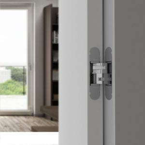 silver concealed hinge mounted on living room door