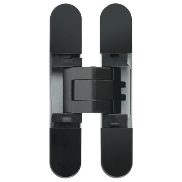 A pair of black door hinges on a white background.