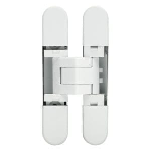 A pair of white door hinges on a white background.