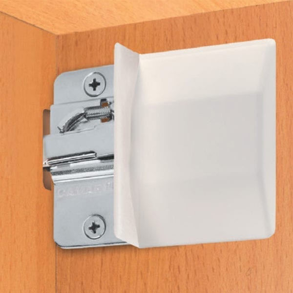 A white cabinet door with a latch on it.