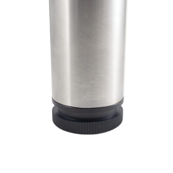 A stainless steel mug with a black lid.