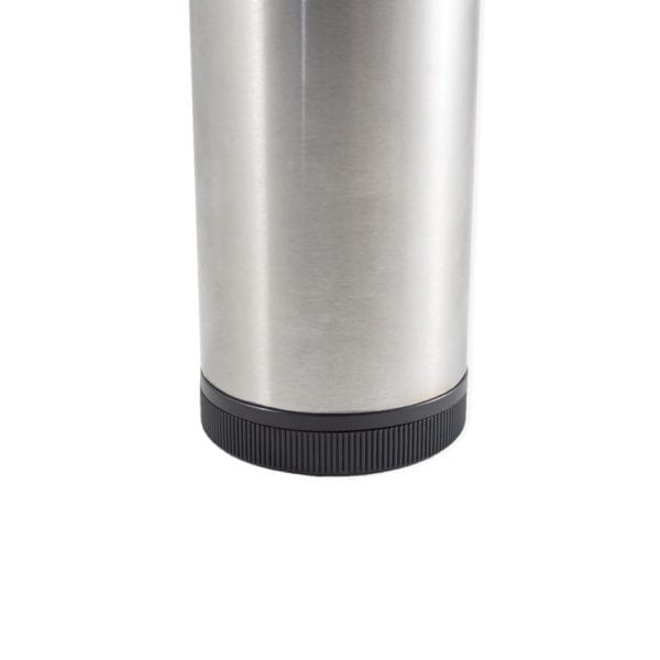 A stainless steel mug on a white background.
