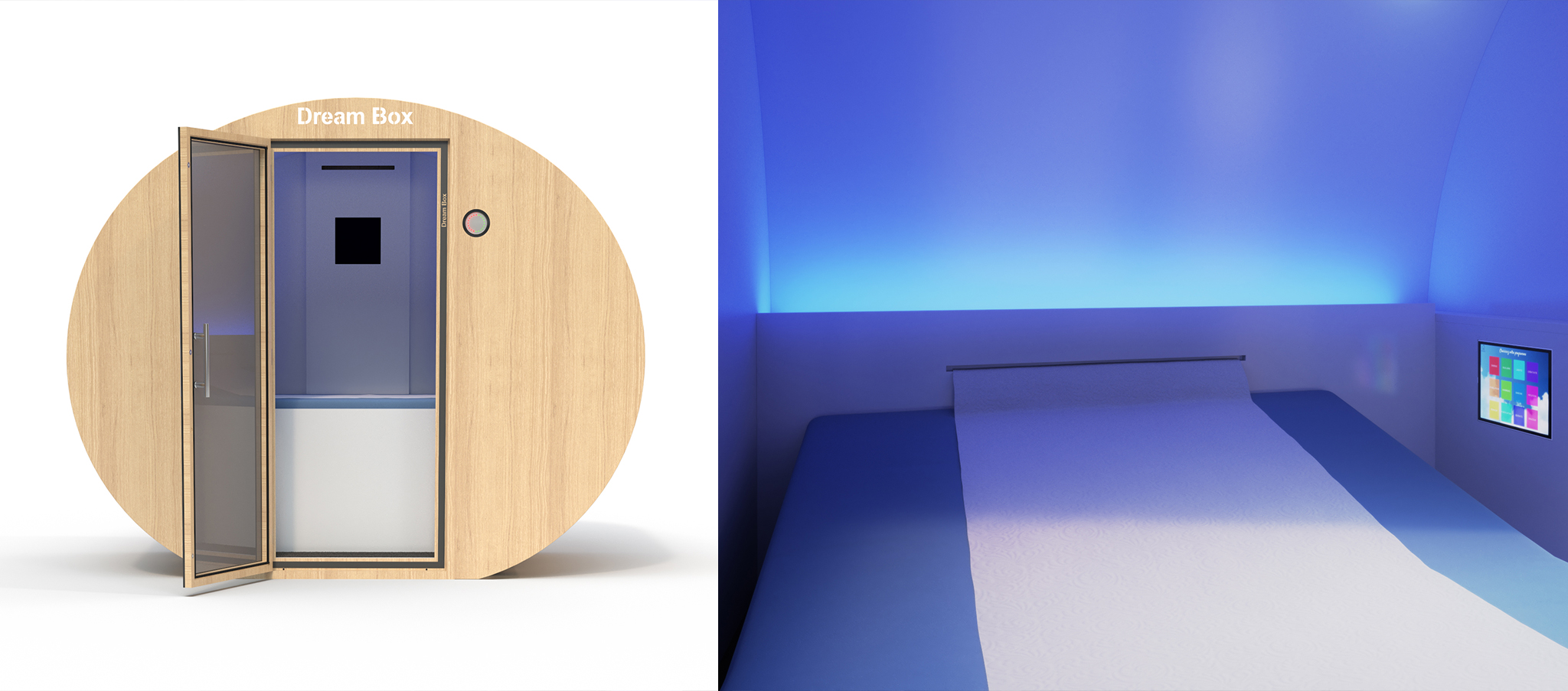 A meeting pod with a bed and a blue light.
