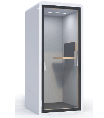 A white cubicle with an open door, inviting clients to stand up and embrace change.