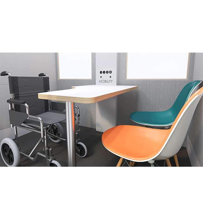 A wheelchair-accessible room equipped with a table for enhanced mobility.