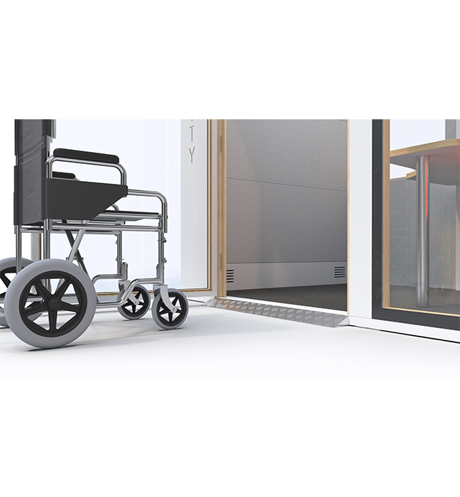 A wheelchair providing mobility in front of a door.