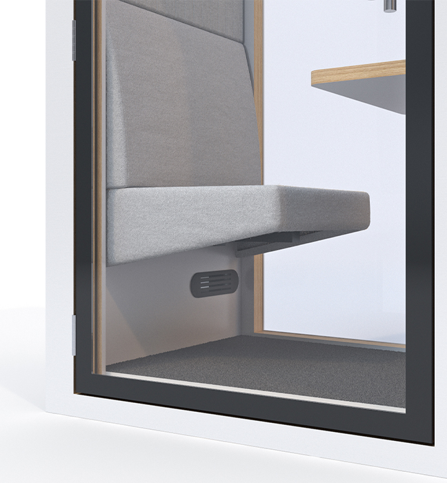 A 3d model of a room with a window and a seat.