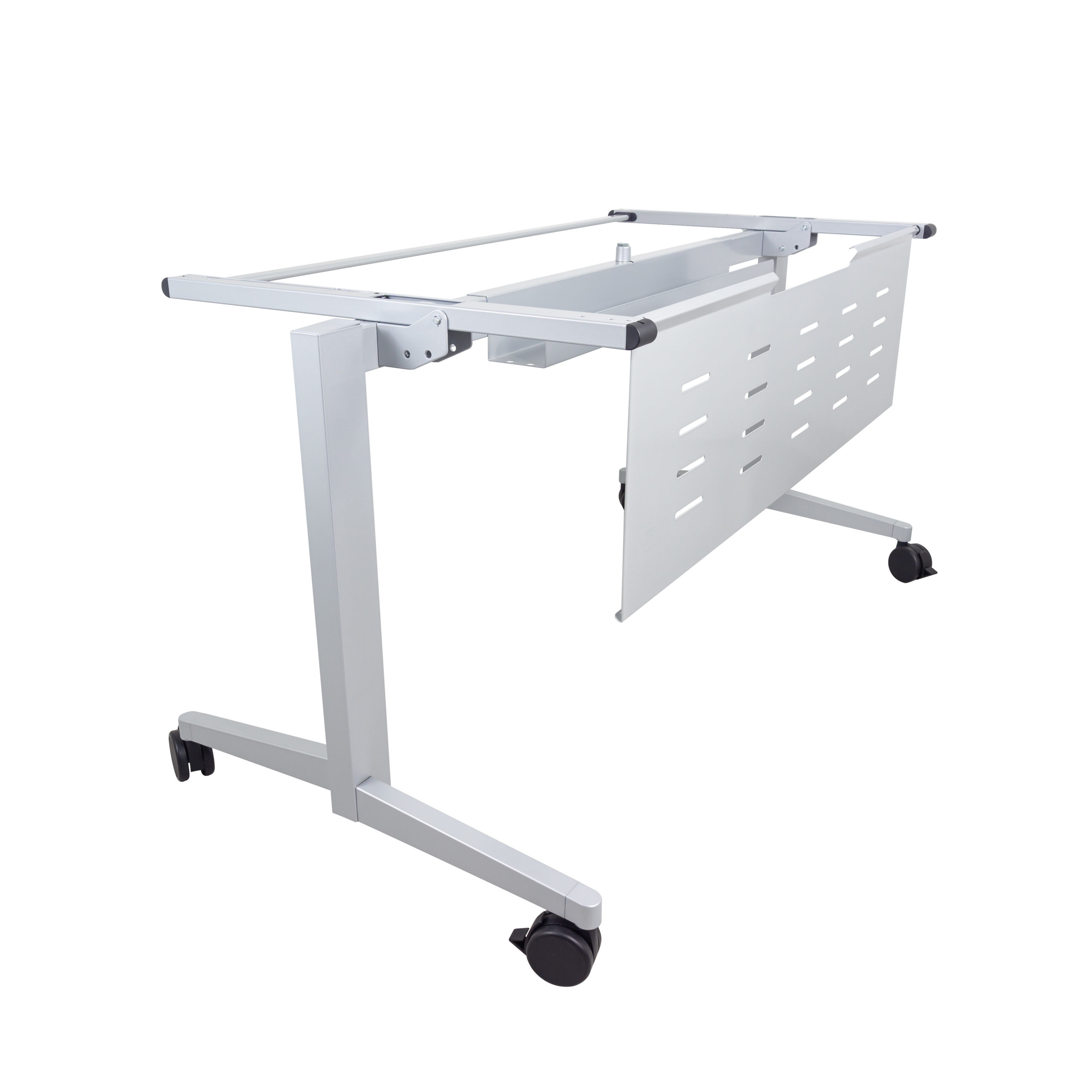 Gray training table with modesty panel and casters