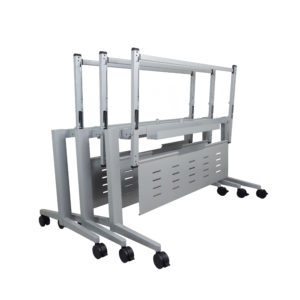 three nested gray training tables with modesty panels and casters
