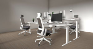 Office with white ergonomic lift desk and chairs