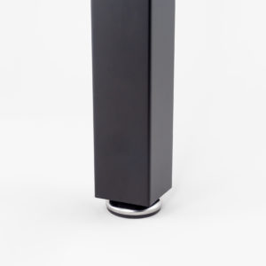 A black speaker with a metal base on a white background.