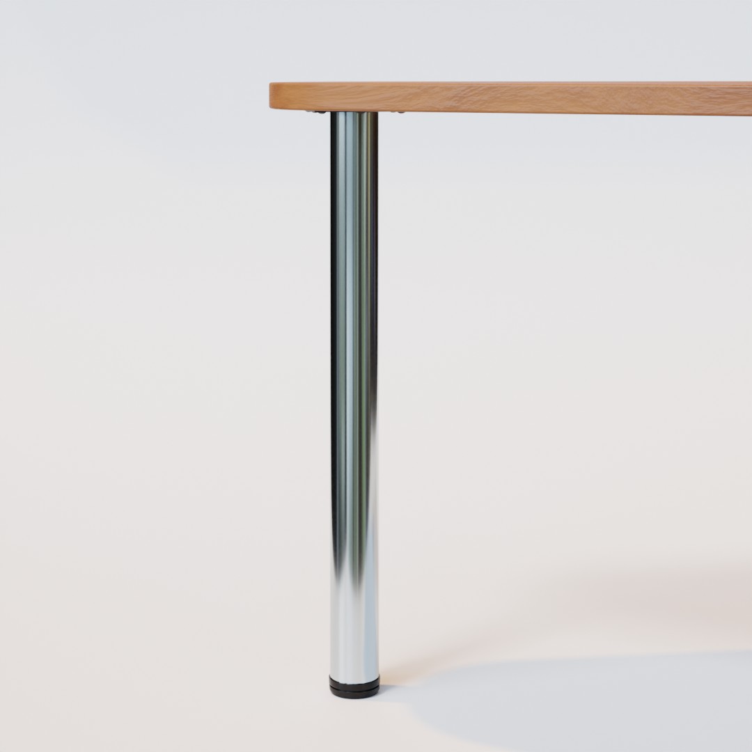 A 3d model of a wooden table with metal legs.