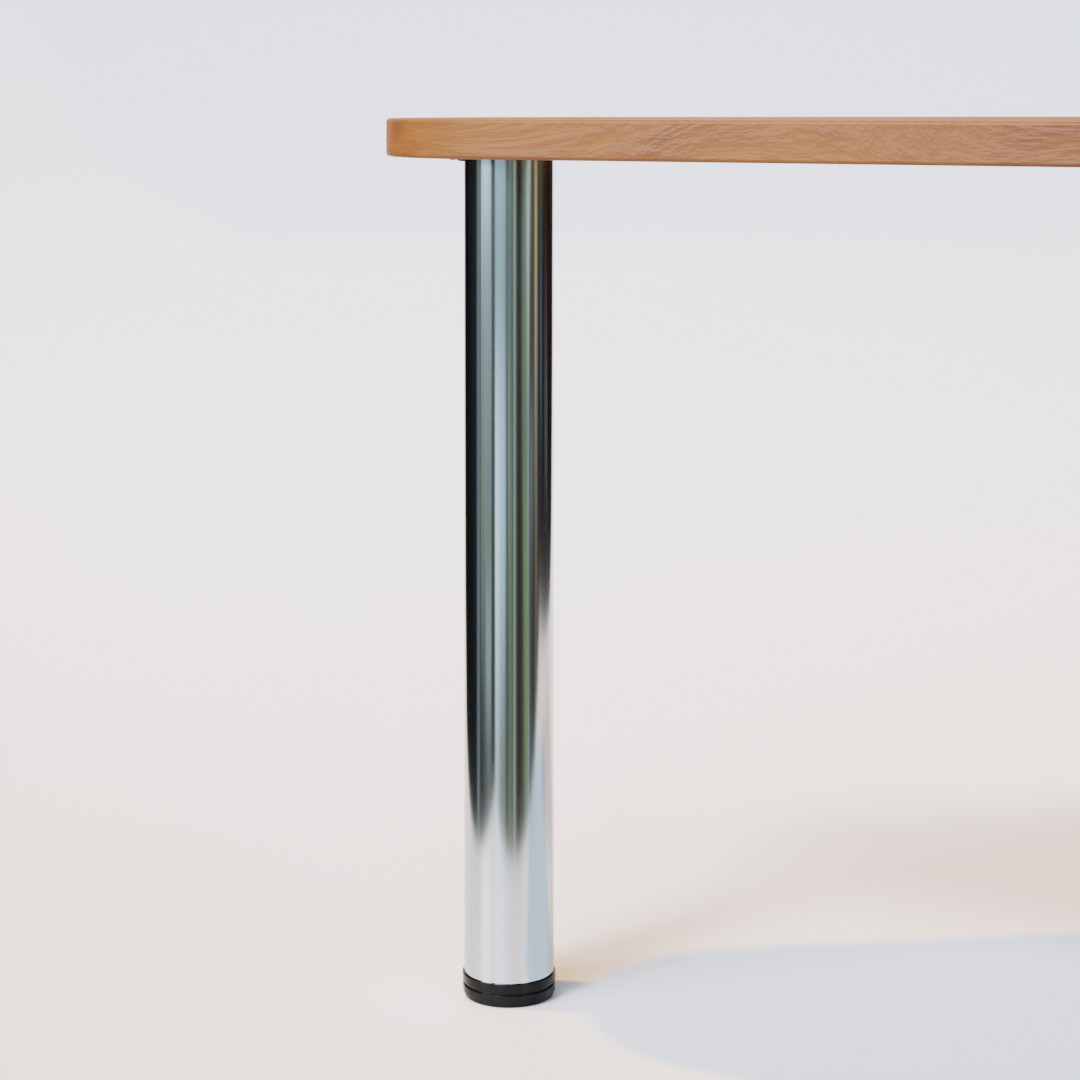 A 3d model of a wooden table with a metal base.