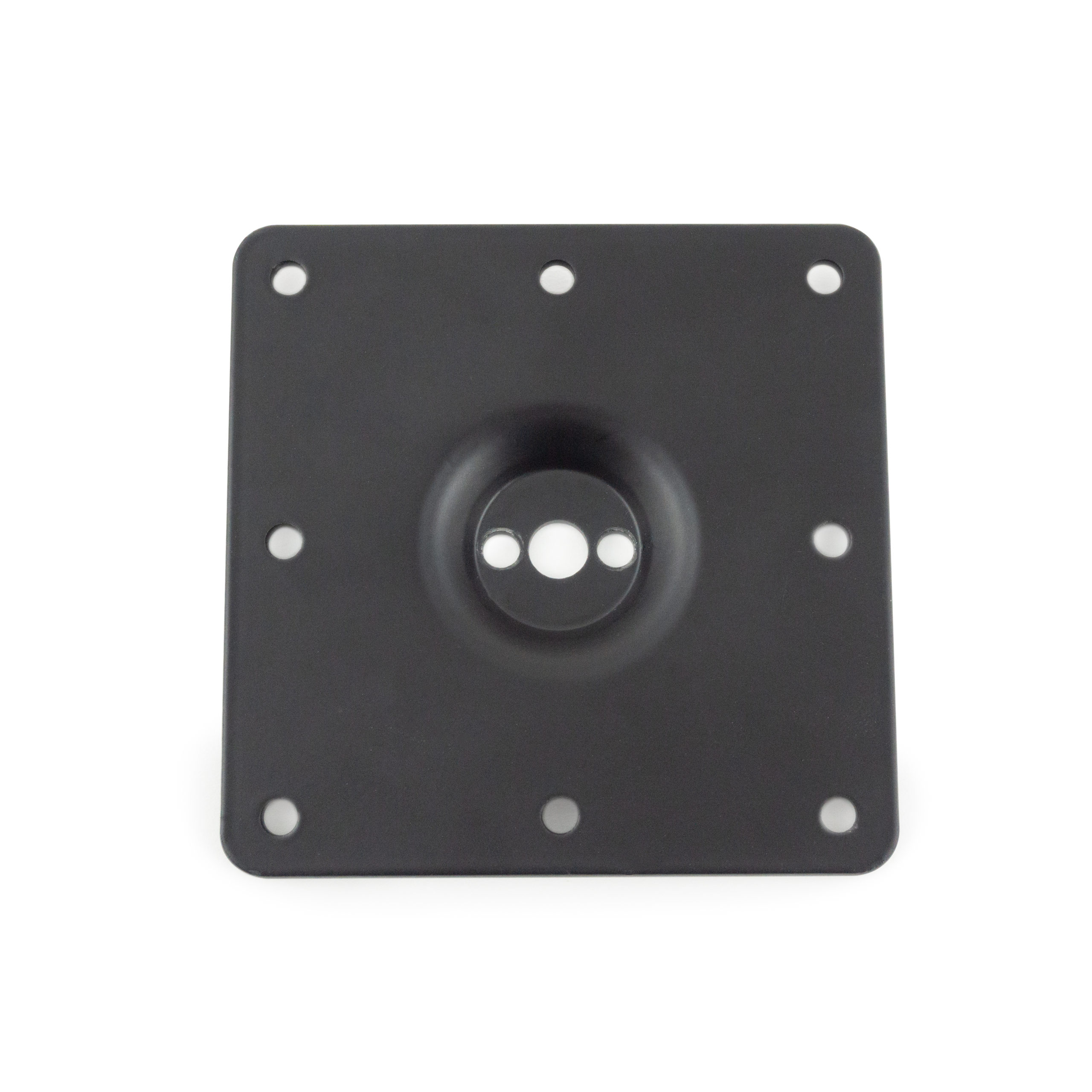 A black wall plate with holes on it.