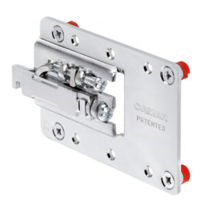 A stainless steel latch with a red handle.