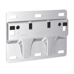 A metal wall plate with two outlets on it.