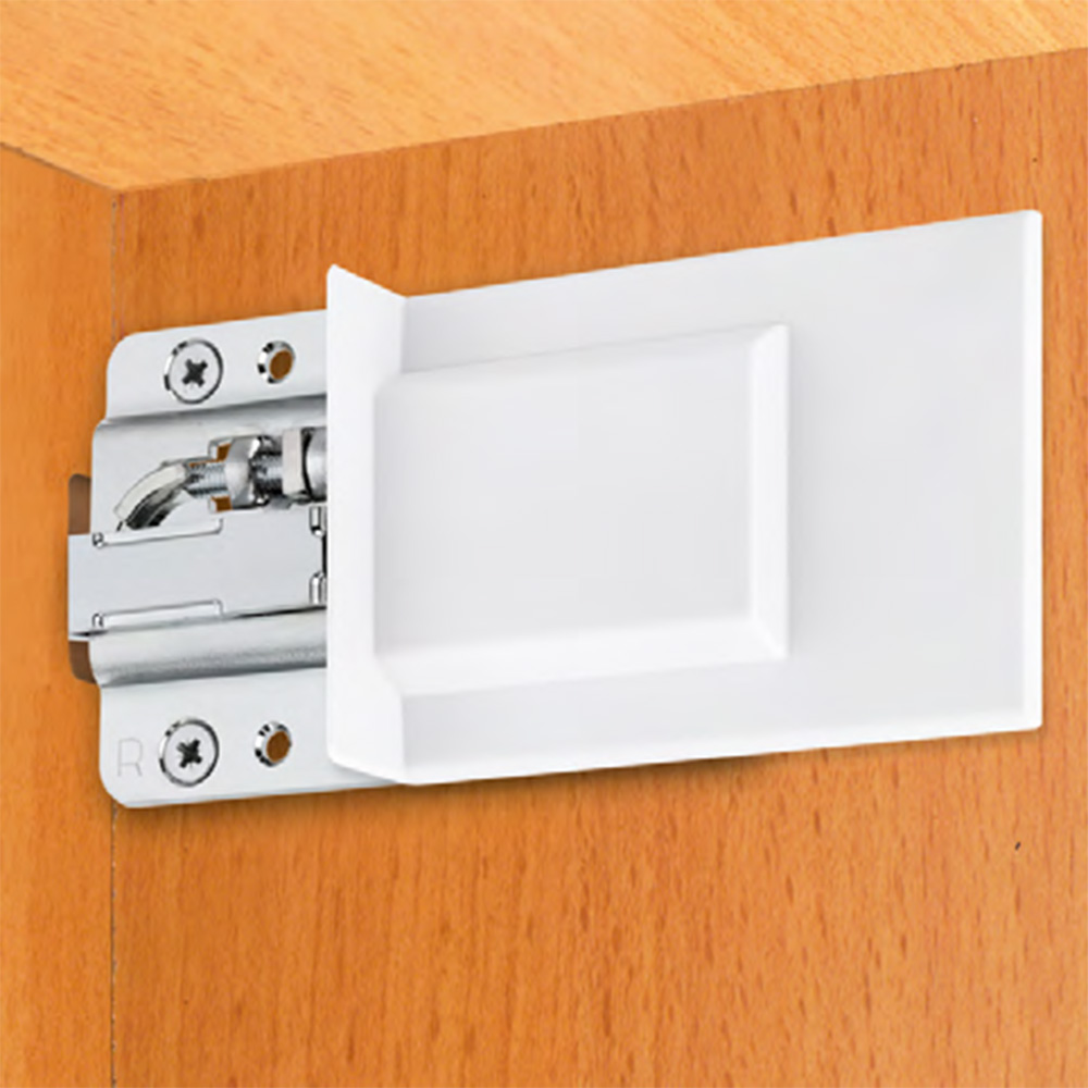A white cabinet door with a latch attached to it.