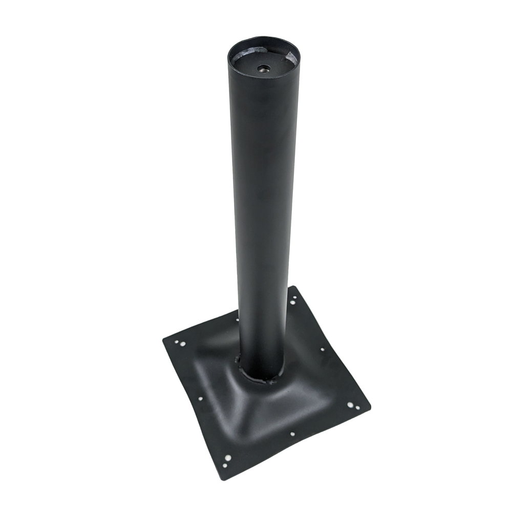 A black pole with a metal base on a white background.