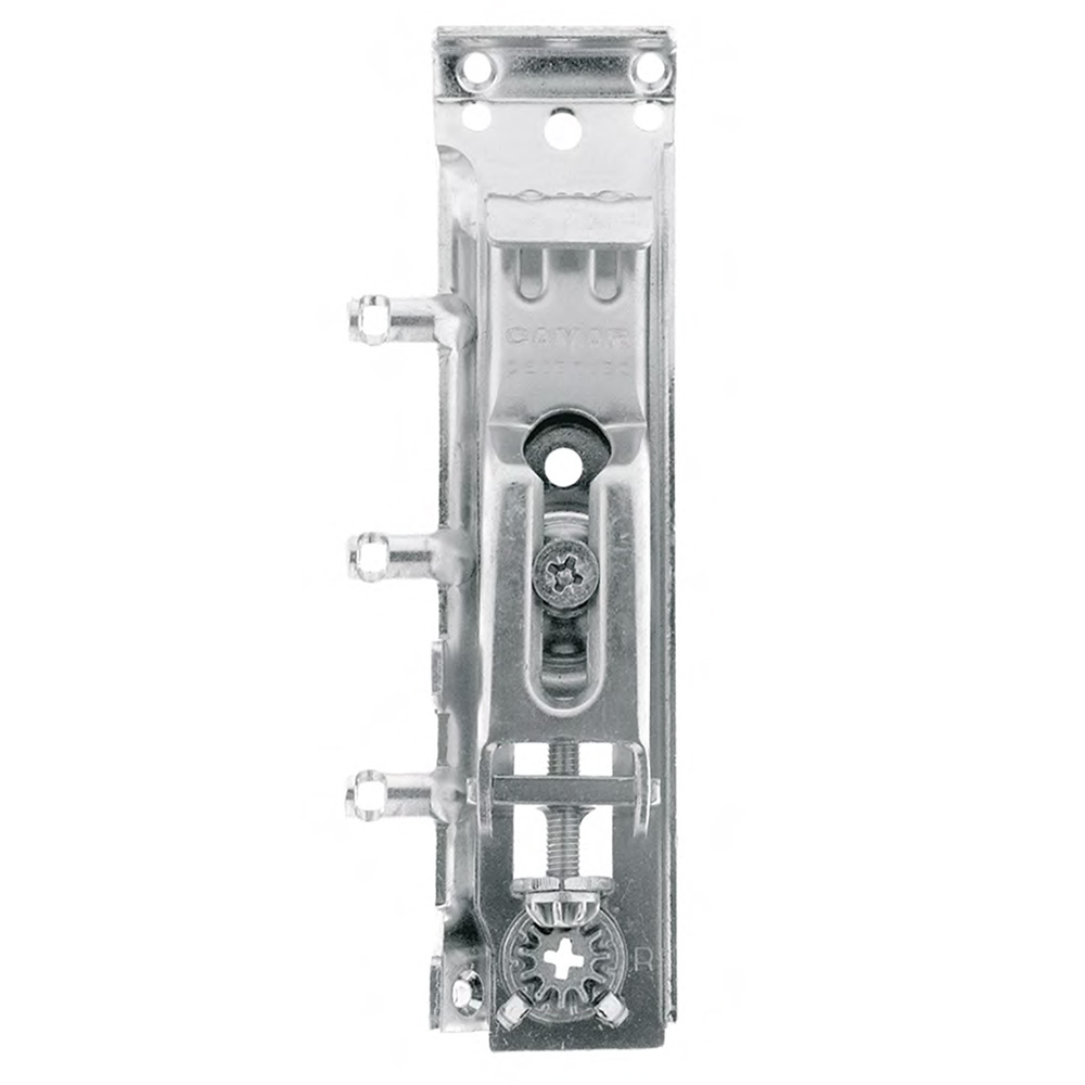 A stainless steel door latch on a white background.