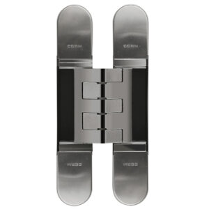 A pair of stainless steel door hinges on a white background.