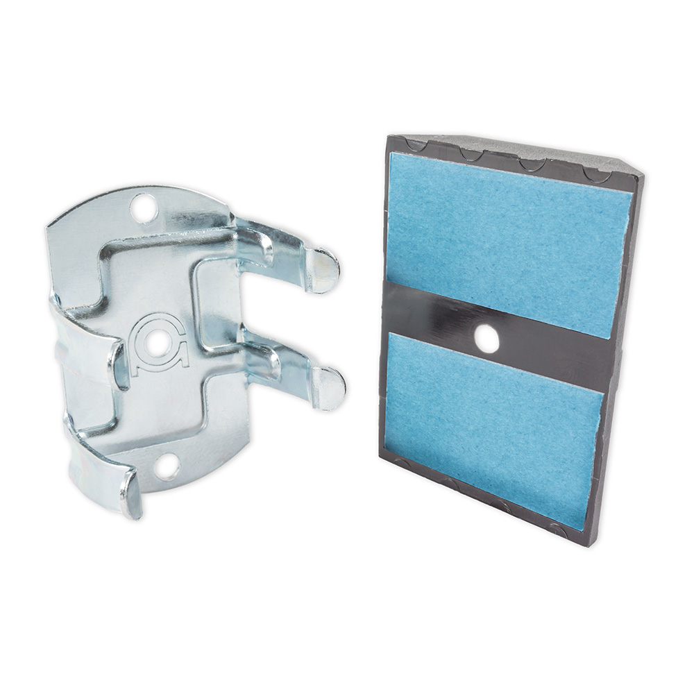 A metal holder with a blue cloth attached to it.