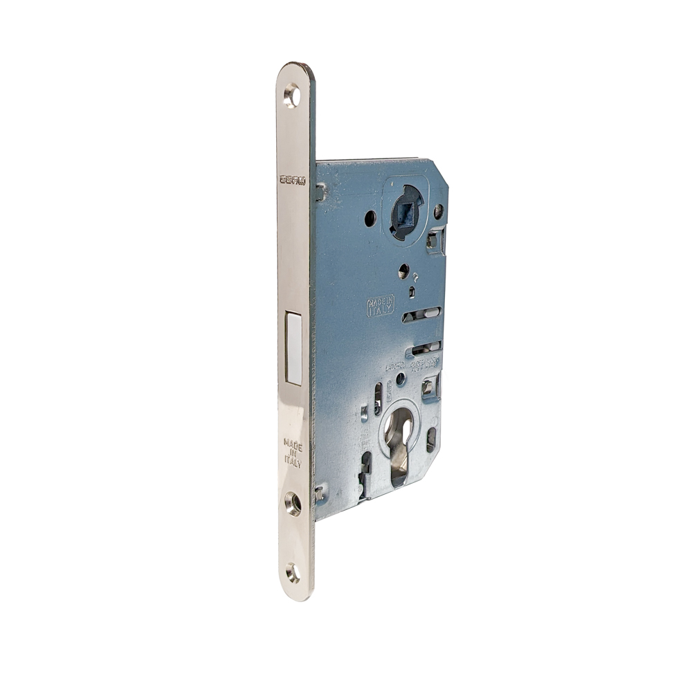 Magnetic Door lock for european locks shown with a polished nickel plated faceplate
