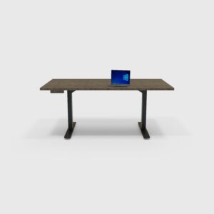 Black Electric height adjustable desk with Walnut color table top and laptop